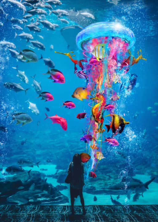 Electric Jellyfish in a Aquarium The Art Of David Loblaw Digital Art & AI, Animals, Birds