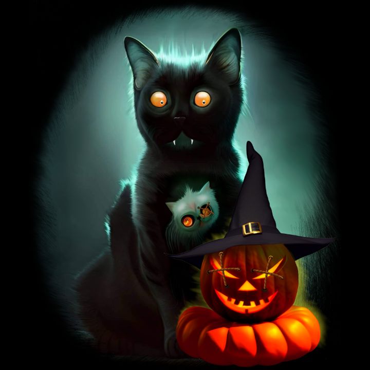 Vampire Cat and Wizard Pumpkin - BluedarkArt