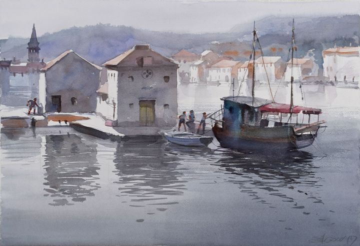 Harbor on Adriatic sea - Goran ŽIgolić Watercolors