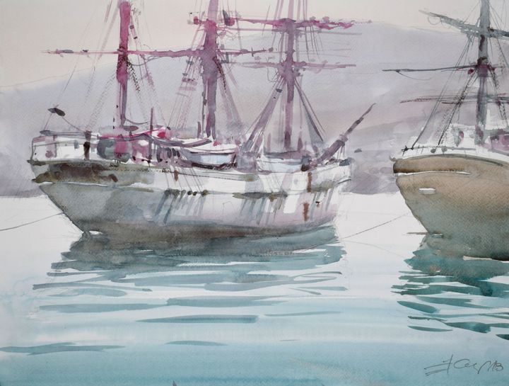 Ships in Adriatic harbor - Goran Žigolić Watercolors