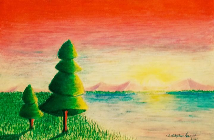 Emily S Crimson Sky Christopher Reeves Drawings Illustration Landscapes Nature Lakes Ponds Artpal