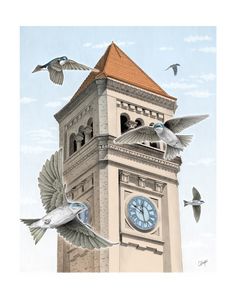 Clock Tower with Swallows