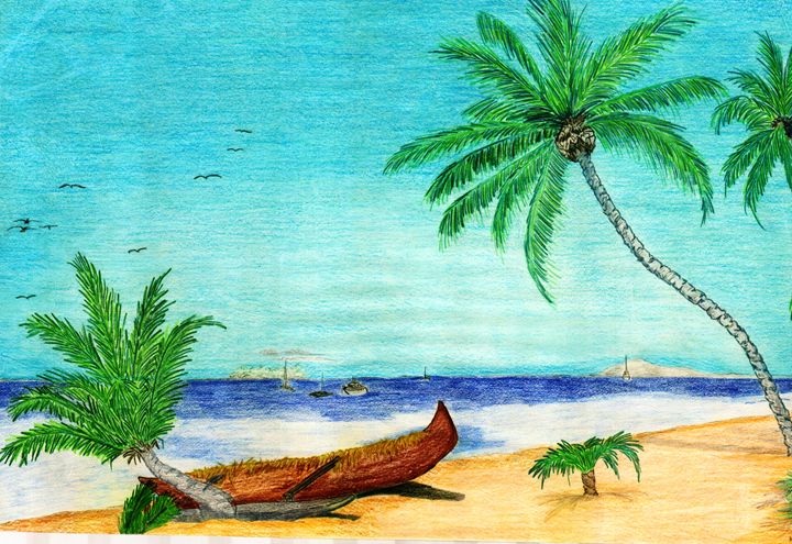 Drawing Illustration Cartoon An Island In The Sea With Sun Birds Mountains  Trees It Can Be Used As An Icon Or As Teaching Material For Teachers Or  Parents Who Make A Home