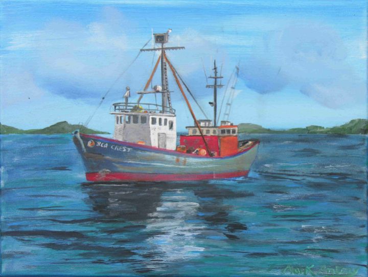 Fishing Boat ORIGINAL Painting Trawler Boat Colorful Sunset