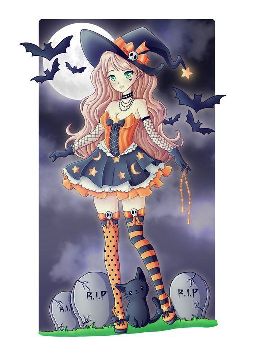 Cute Witch with short purple hair and dark blue eyes... | OpenArt