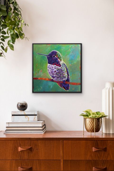 20x20 ANNA’S HUMMINGBIRD ON GREEN - MARNA SCHINDLER - Paintings ...
