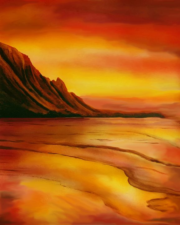 Hanalei Sunset Backlit Art in Kauai Paintings & Prints