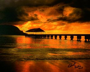 Hanalei Pier Sunset - Backlit - Art in Kauai - Paintings & Prints