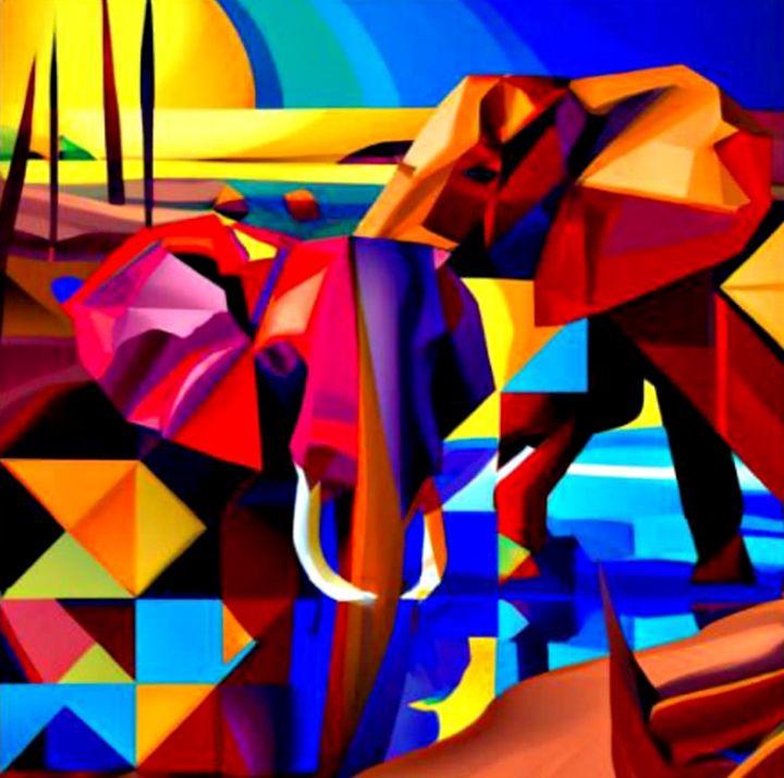 Elephants at watering hole - George Hutton Hunter Contemporary Artist ...