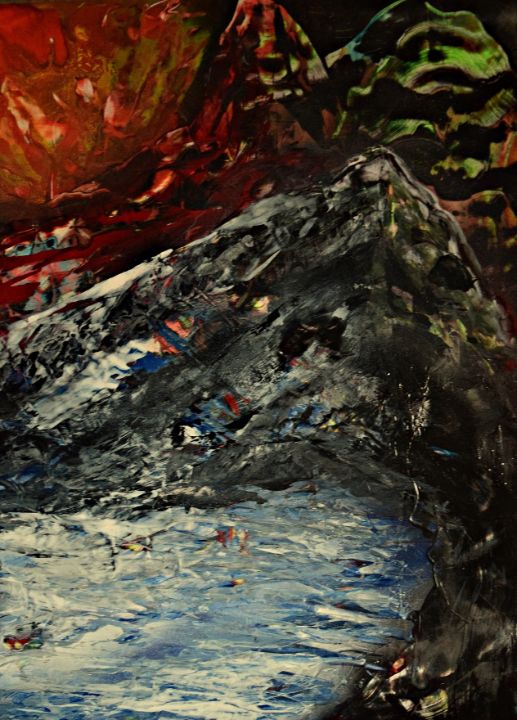 Erupting volcano beyond lake - George Hutton Hunter Contemporary Artist