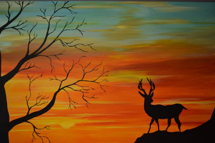 Watercolor Painting Deer Silhouette Sunset Landscape Nature ACEO Art