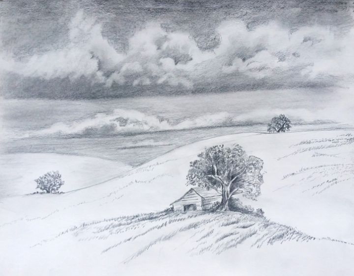 landscape with barn and dramatic sky - helen geld