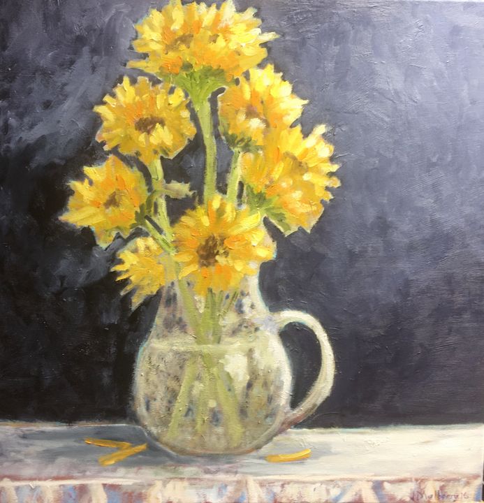 Sunflowers against Black Wall - John Mulberry art