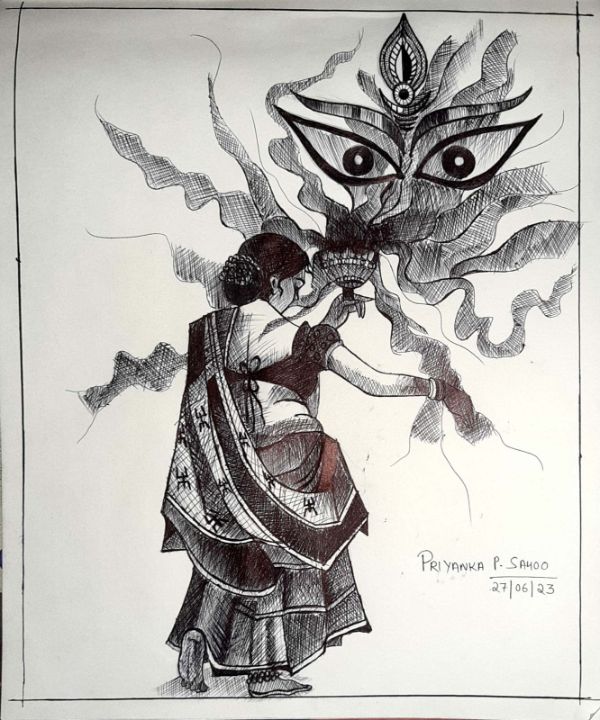Durga Puja special drawing with ball pen 🖋️/Dhunuchi dance drawing/Maa durga  drawing#navaratri #art - YouTube