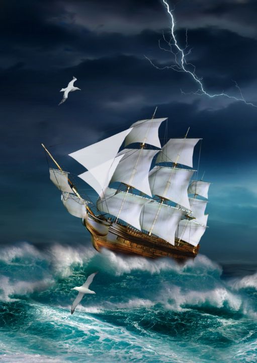 Ocean, sailboat, sailing ship, storm - Souvenir