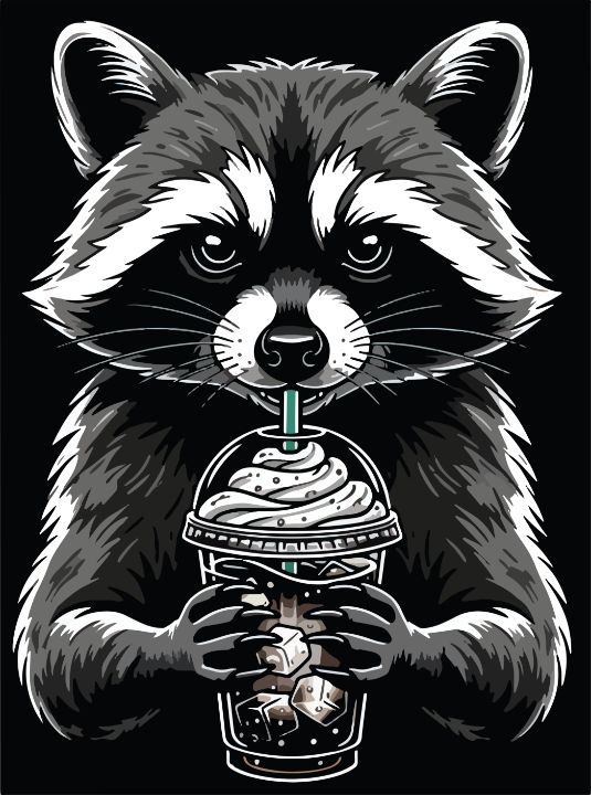 Drinking Racoon Line Drawing Detailed Raccoon Drink Iced Coffee - ukeyArt - Drawings & Illustration ...