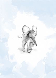 Baby Elephant on Blue Ink and Wash