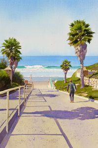 Surfer Dude At Fletcher Cove - Mary Helmreich California Watercolors