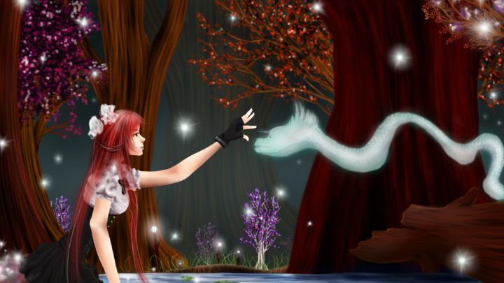 Enchanted forest with girl & forest - BubbleMilkyTea - Digital Art