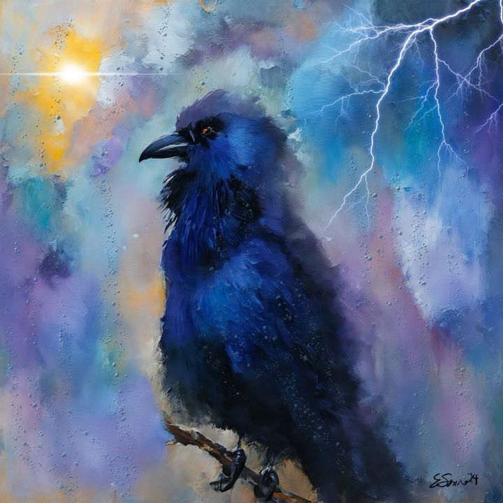 絵画 BLU-ZONE 2021/Crow Messenger 2 - Elaine Sonne Art - Paintings & Prints, Animals