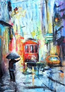 Rain in city painting