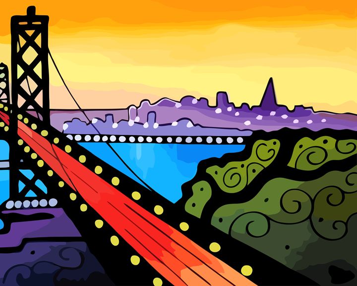 San Francisco Bay Bridge At Dusk Artwork By Lynne Neuman Drawings Illustration Places Travel United States California Artpal