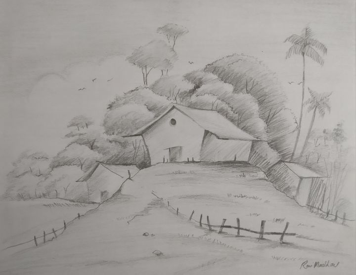 Hut And Boat Pencil Drawing Pencil Sketch Of A Rural Scene Scenery Of  Village Riverside Drawing by Mounir Khalfouf  Fine Art America