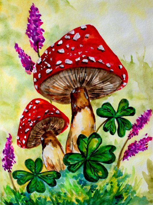 Lucky Mushrooms with Clovers - ZeichenbloQ - Paintings & Prints