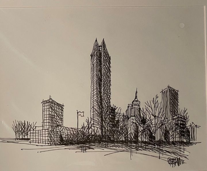 Original architectural sketch, pen and ink and watercolor. The Classen deals OKC