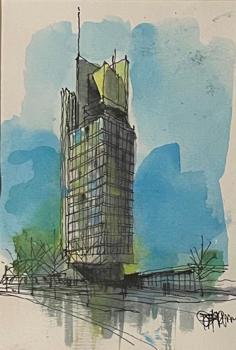 Original architectural sketch, pen and ink and watercolor. The Classen deals OKC