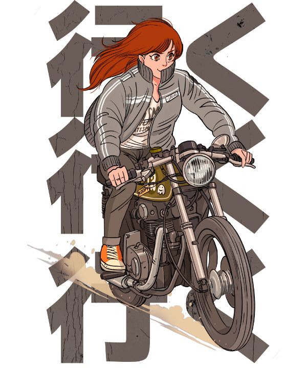 Anime girl on store motorcycle