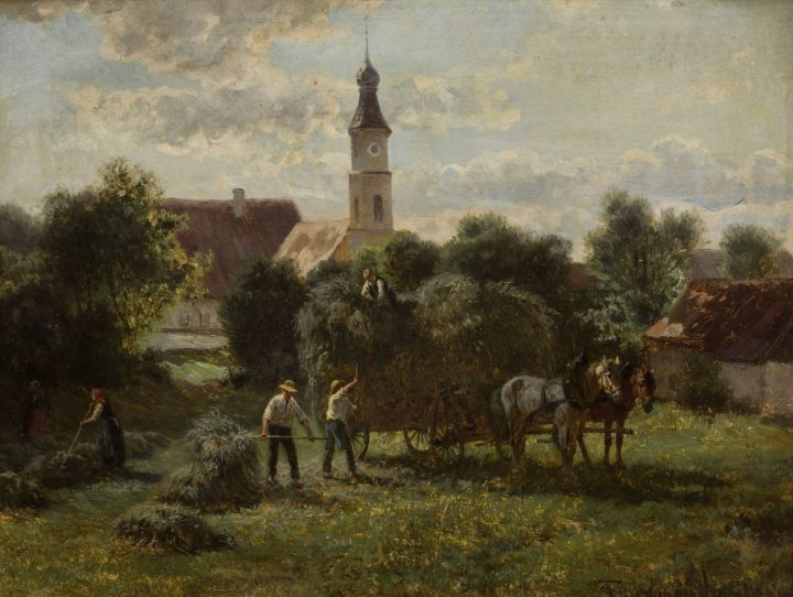 Carting hay with a view of the villa Classical Artworks Bay