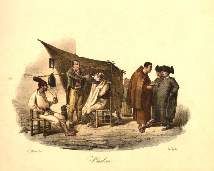 Fashion, clothing in modern-day Italy, the 18th and 19th centuries, from  the left, man and woman in the costume of the Campagna near Rome, then a  shepherd from the Campagna, a Pifferaro