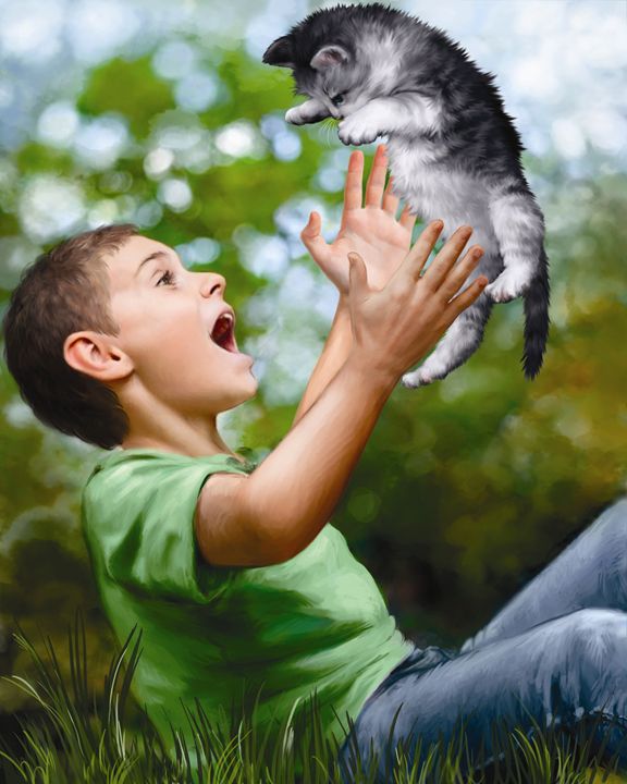 Boy Playing With Kitten III - Aviva Gittle Gifts