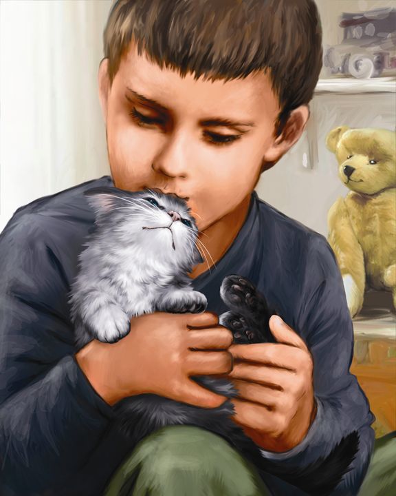 Boy Cuddles With Kitten - Aviva Gittle Gifts