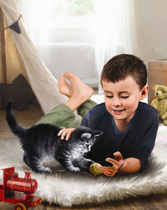 Kitten & Boy Playing I - Aviva Gittle Gifts