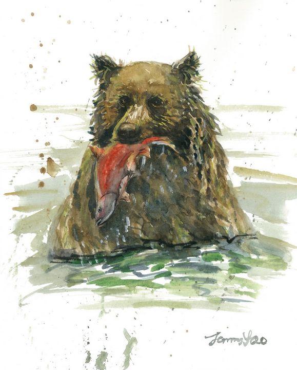 Original Watercolor Bear Fishing - ArtbyJennyYao