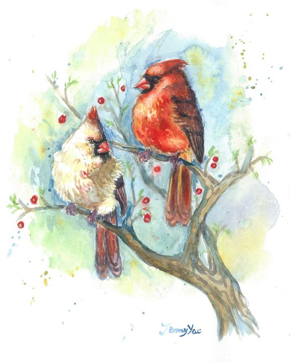 Watercolor Cardinal Birds - ArtbyJennyYao