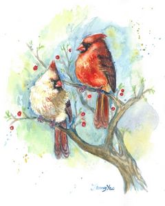 Watercolor Painting Cardinal Birds
