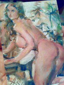 female nudes, fruits, oil miniature