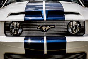 Blue and White Ford Mustang