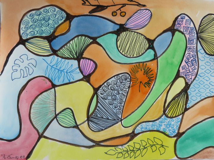 graphique art , feuilles , cercles - Myriam  Courty paintings