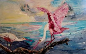 Spoonbill Birds on Log