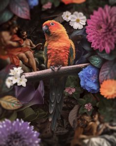Parrot in flowers.