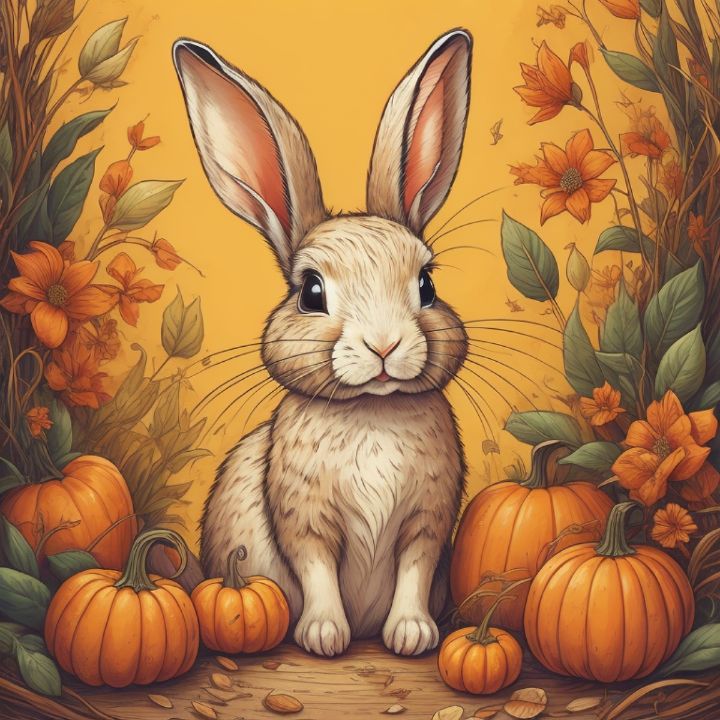 Small Rabbit in the pumpkin field iTaen Digital Art AI Animals Birds Fish Rabbits ArtPal