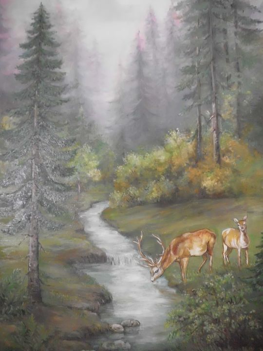 Deers By The River Edy Art Gallery Paintings Prints Landscapes Nature Forests Boreal Temperate Artpal
