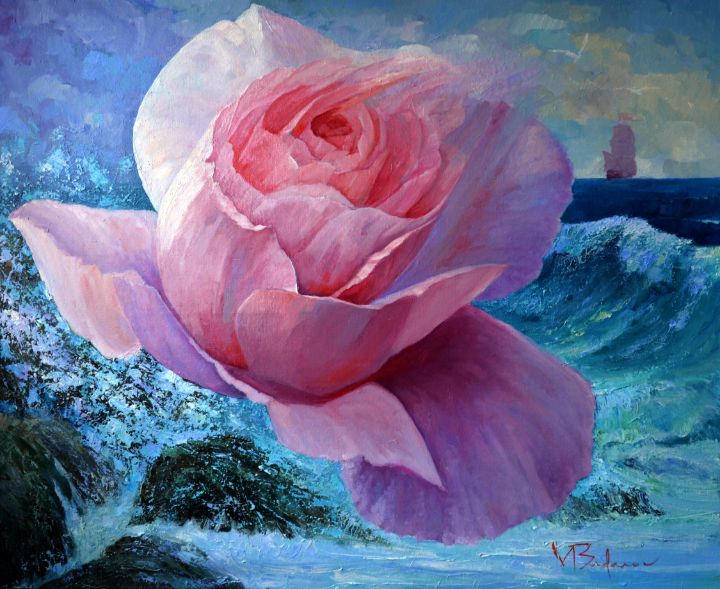 Original Acrylic Painting on Canvas Lovely Seascape and Roses Wall