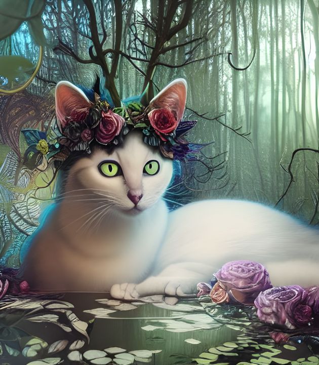 Cat in a magical forest - Angelandspot - Digital Art, Animals, Birds, &  Fish, Cats & Kittens, Non-Pedigreed Cats, Solid & White Colored Cat - ArtPal