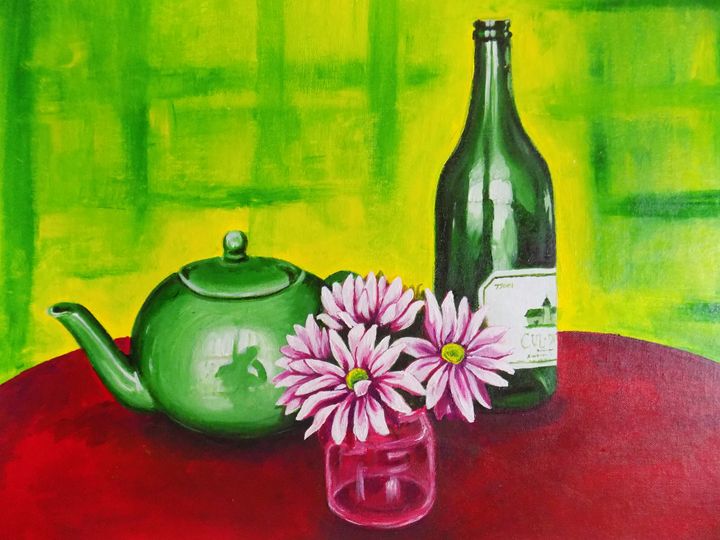Tea pot, Wine Bottle, and flowers - Gabby Bazan