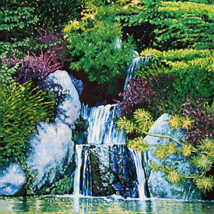 Waterfall at Japanese Garden - Paintings by John Lautermilch